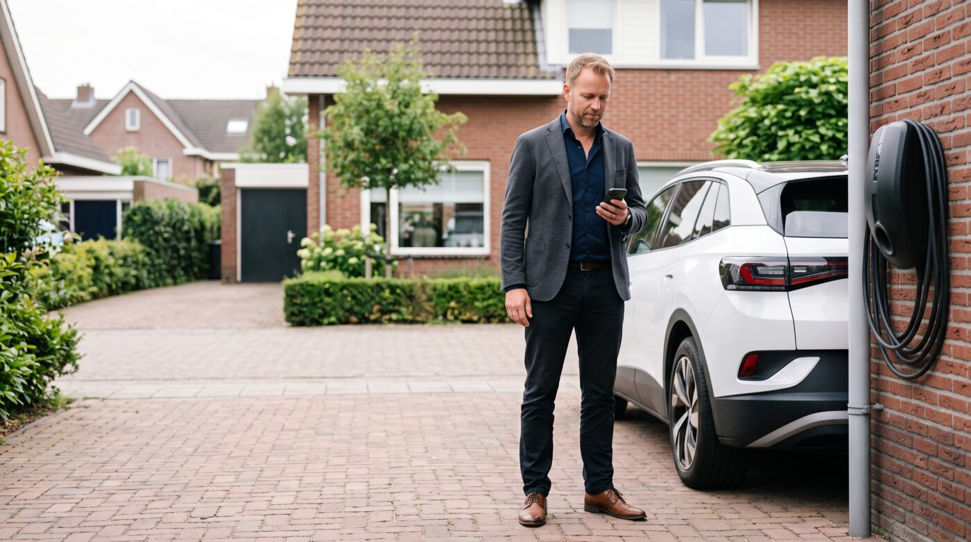 Wagenparkbeheerder laadt zakelijke leaseauto thuis op aan een laadpaal en checkt de laadapp